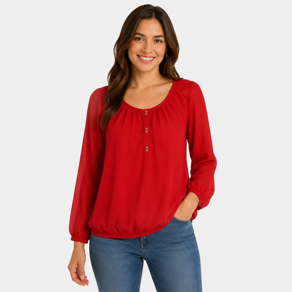 The Limited Blouse Womens Medium Red Sheer Chiffon 3/4 Sleeve Pleated Button Top
